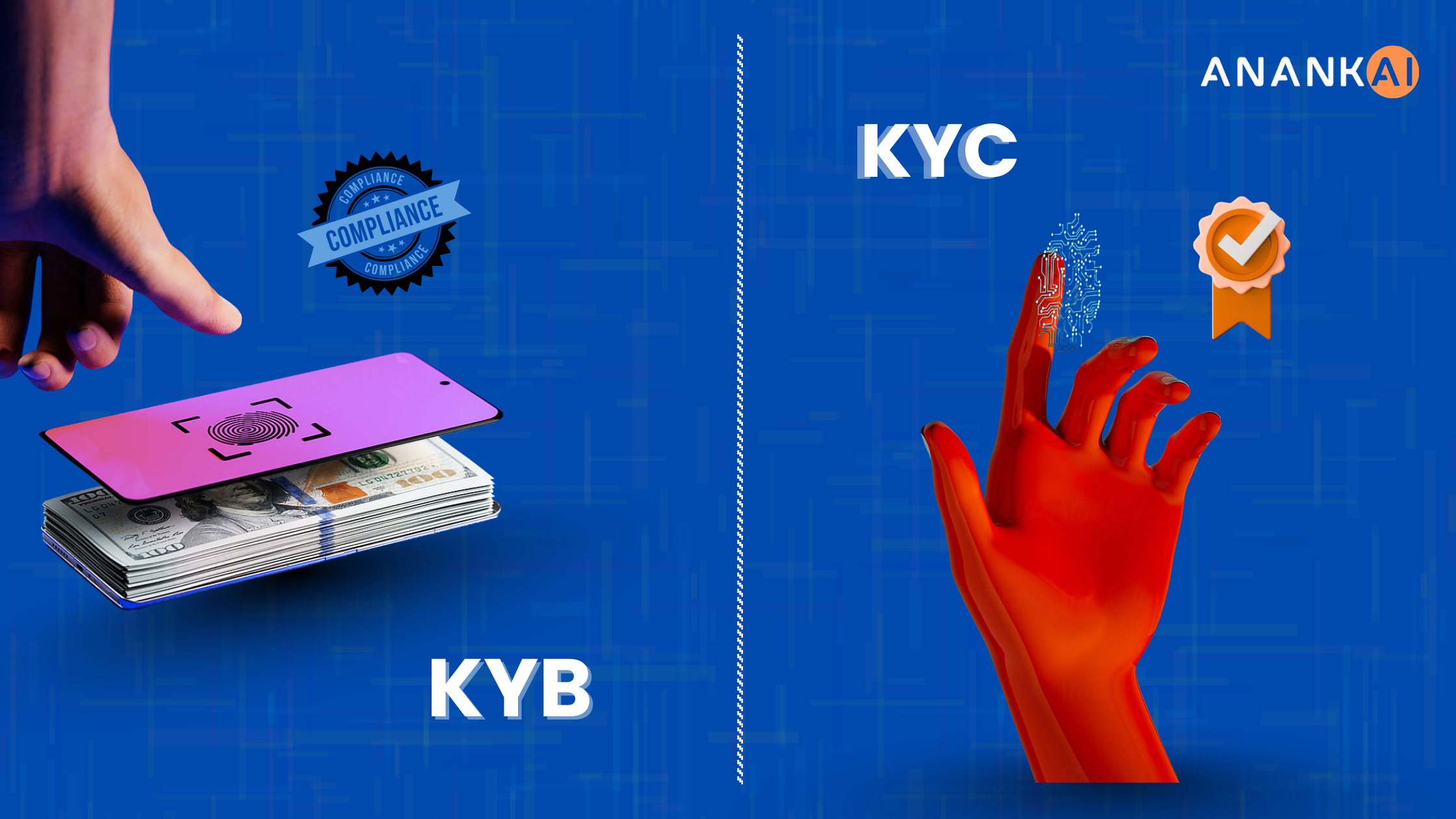 Illustration showing the difference between KYC (Know Your Customer) for individuals and KYB (Know Your Business) for companies, highlighting compliance, identity verification, and ownership checks in FinTech.